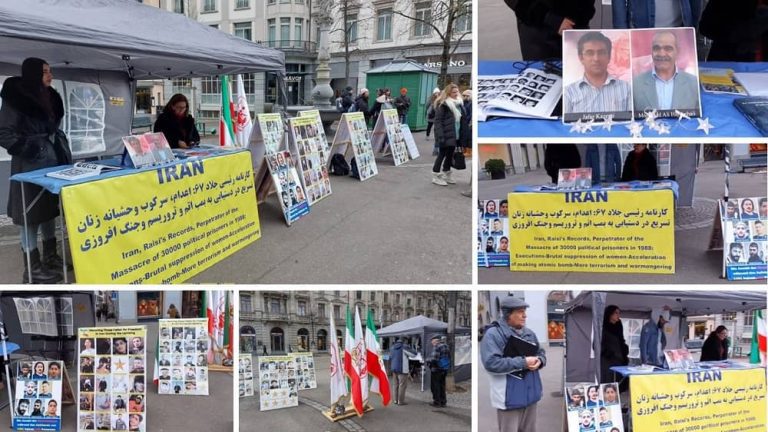 Zurich, Switzerland — January 22, 2024: Freedom-loving Iranians and supporters of the People’s Mojahedin Organization of Iran (PMOI/MEK) organized a photo exhibition in solidarity with the Iranian Revolution. This exhibition served as a tribute to the martyrs Jafar Kazemi and Mohammad Ali Haj Aghaei, who were executed on January 24, 2011.
