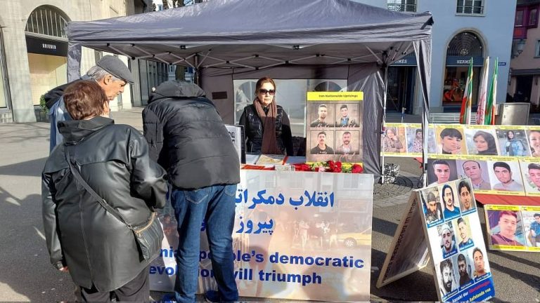 Zurich, Switzerland—January 29, 2024: Freedom-loving Iranians and supporters of the People’s Mojahedin Organization of Iran(PMOI/MEK) organized an exhibition to express support for the Iranian Revolution. Iranians strongly condemned the recent wave of brutal executions, particularly those of two political prisoners, Mohammad Ghobadlou and Farhad Salimi, who were executed on January 23, 2024.