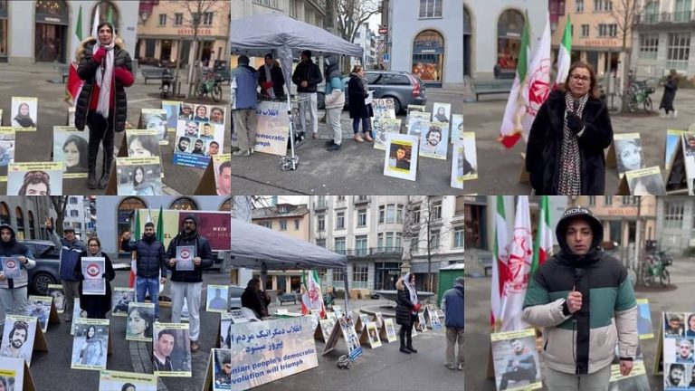 Zurich, Switzerland — January 8, 2024: Freedom-loving Iranians and supporters of the People’s Mojahedin Organization of Iran (PMOI/MEK) organized a photo exhibition in sub-zero freezing weather in solidarity with the Iranian Revolution.