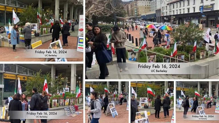 Berkeley, California—February 16, 2024: Members of the Iranian-American Community of Northern California organized an exhibition and info desk at the University of California, Berkeley (UC Berkeley) to support the Iranian Revolution.