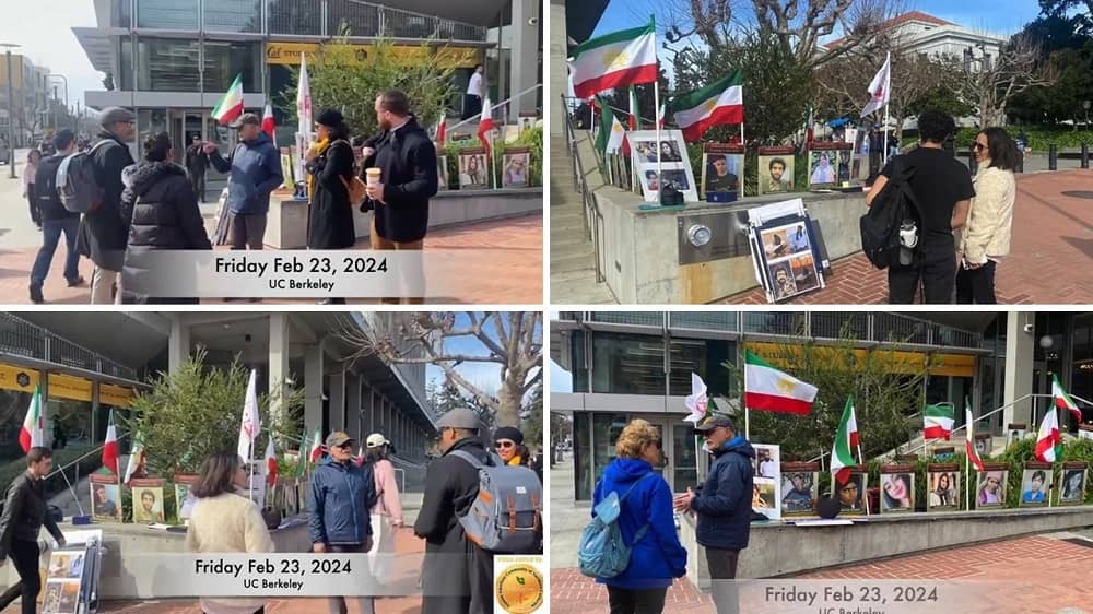 Berkeley, California—February 23, 2024: Members of the Iranian-American Community of Northern California organized an exhibition and info desk at the University of California, Berkeley (UC Berkeley) to support the Iranian Revolution.