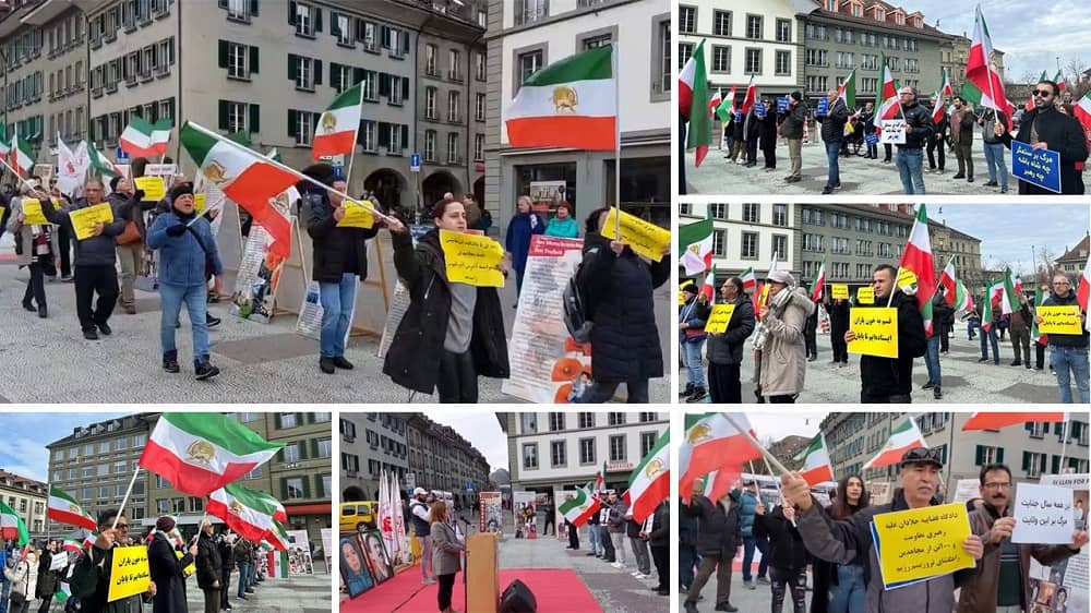 Bern, Switzerland—February 10, 2024: Freedom-loving Iranians and supporters of the People's Mojahedin Organization of Iran (PMOI/MEK) organized a rally to commemorate the anniversary of the 1979 Revolution. Supporters of the Iranian resistance pledged to fight to the end to overthrow the mullahs’ regime.