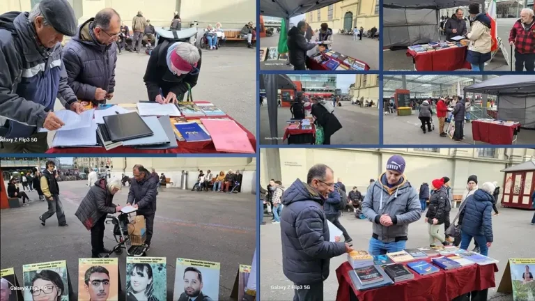 Bern, Switzerland—January 30, 2024: Freedom-loving Iranians and supporters of the People’s Mojahedin Organization of Iran(PMOI/MEK) organized an exhibition to express support for the Iranian Revolution. Iranians strongly condemned the recent wave of brutal executions by the mullahs' regime in Iran.