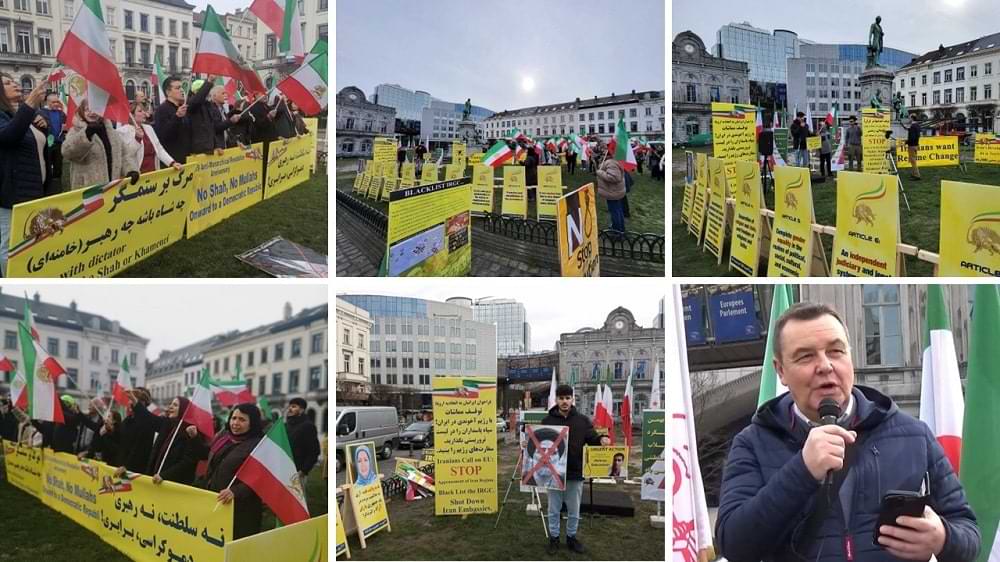 Brussels, Belgium—February 10, 2024: Freedom-loving Iranians and supporters of the People's Mojahedin Organization of Iran (PMOI/MEK) organized a rally to commemorate the anniversary of the 1979 Revolution. Supporters of the Iranian resistance pledged to fight to the end to overthrow the mullahs’ regime.