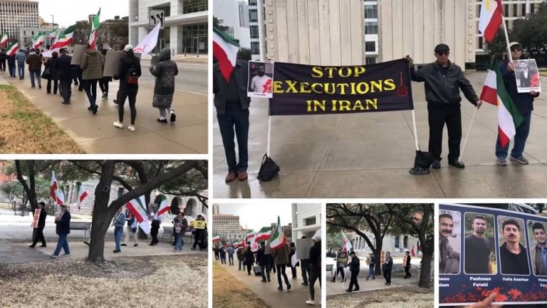 Dallas, Texas—February 5, 2024: The Iranian American Community of North Texas (IACNT), supporters of the People's Mojahedin Organization(PMOI/MEK) organized a rally in Downtown Dallas to support the  Iranian Revolution. They condemned the wave of executions in Iran by the mullahs' regime, demanding regime change.