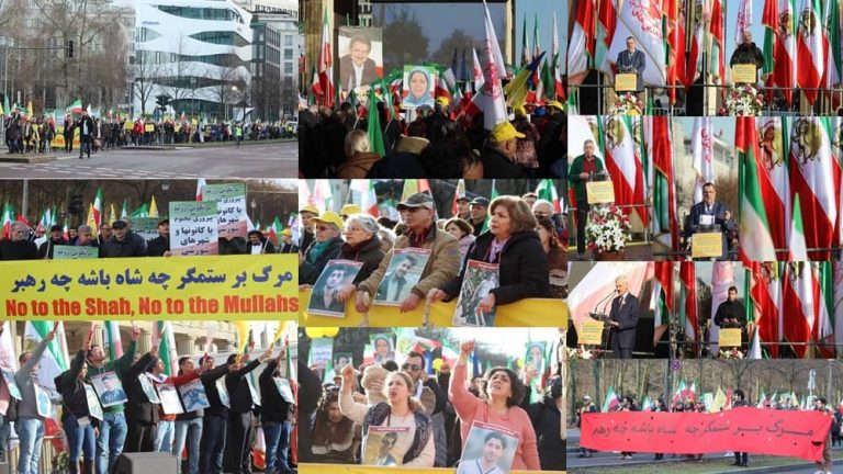 Berlin, Germany—February 10, 2024: Freedom-loving Iranians and supporters of the People's Mojahedin Organization of Iran (PMOI/MEK) gathered at the Brandenburg Gate to commemorate the anniversary of the 1979 Revolution.