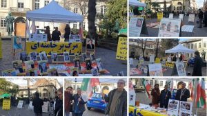 Heidelberg, Germany—February 17, 2024: Freedom-loving Iranians and supporters of the People’s Mojahedin Organization of Iran (PMOI/MEK) organized an exhibition to express solidarity with the Iranian Revolution.
