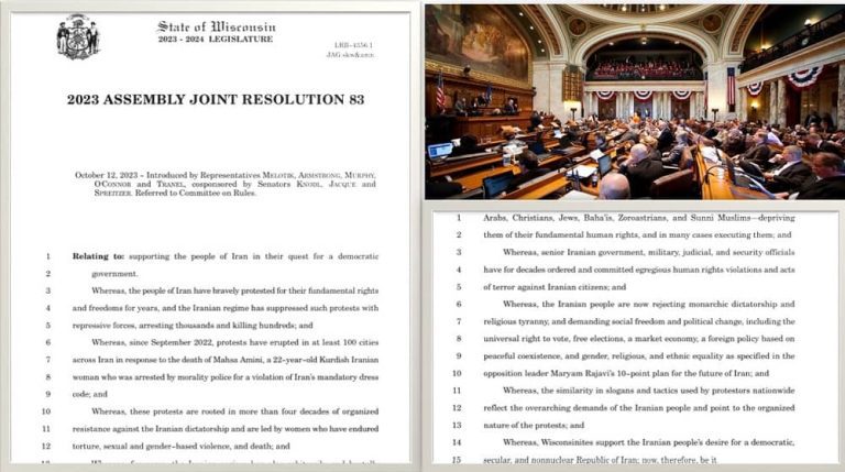 As reported by the Organization of Iranian American Communities (OIAC) the State Legislature and Senate in Wisconsin, through the approval of a joint resolution, have declared their support for the uprising of the people of Iran in their pursuit of a democratic republic.