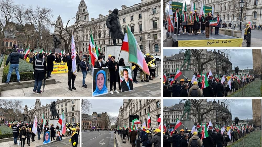 London, England—February 10, 2024: Freedom-loving Iranians and supporters of the People's Mojahedin Organization of Iran (PMOI/MEK) organized a rally to commemorate the anniversary of the 1979 Revolution. Supporters of the Iranian resistance pledged to fight to the end to overthrow the mullahs’ regime.