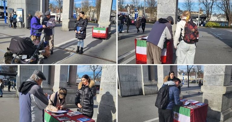 Lucerne, Switzerland — January 31, 2024: Freedom-loving Iranians and supporters of the People’s Mojahedin Organization of Iran (PMOI/MEK) organized a book exhibition in solidarity with the Iranian Revolution.