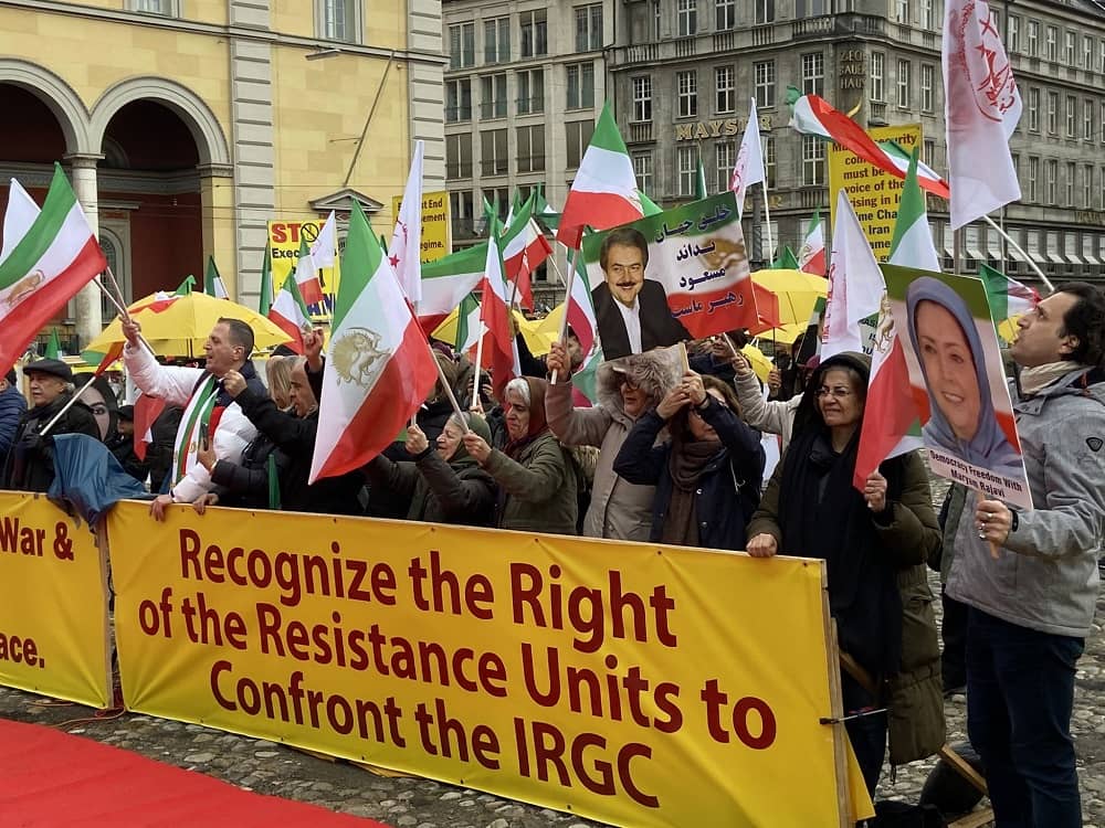 Munich, Germany—Feb 17, 2024: During the second day of the Munich Security Conference, freedom-loving Iranians and MEK supporters held a rally, calling for the adoption of a decisive policy against the Iranian regime as the main source of war and crisis in the Middle East.