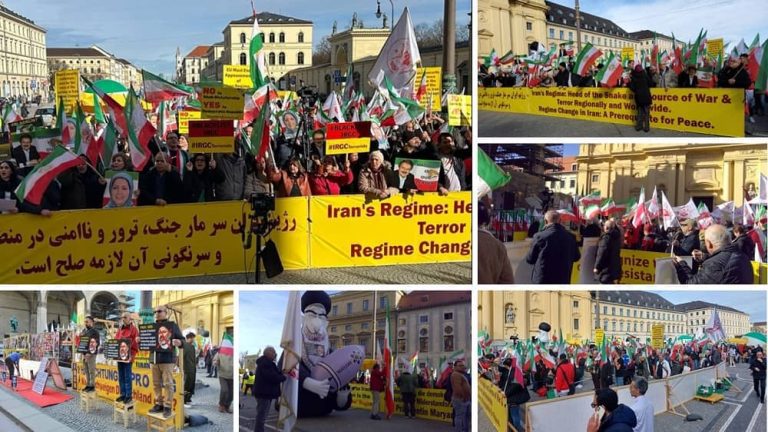 Munich, Germany—Feb 16, 2024: During the Munich Security Conference, freedom-loving Iranians and supporters of the People's Mojahedin Organization of Iran (PMOI/MEK) held a rally in front of the conference venue, calling for the adoption of a decisive policy against the Iranian regime as the main source of war and crisis in the Middle East.