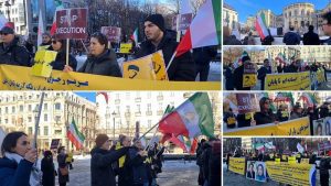 Oslo, Norway—February 17, 2024: Freedom-loving Iranians and supporters of the People’s Mojahedin Organization of Iran (PMOI/MEK) organized a rally in front of the Norwegian Parliament to express solidarity with the Iranian Revolution.