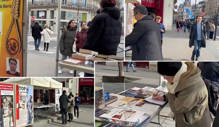 Paris, France—February 20, 2024: Freedom-loving Iranians and supporters of the People’s Mojahedin Organization of Iran (PMOI/MEK) organized an exhibition in solidarity with the Iranian Revolution.