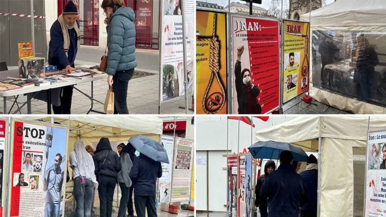 Paris, France—February 21, 2024: Freedom-loving Iranians and supporters of the People’s Mojahedin Organization of Iran (PMOI/MEK) organized an exhibition in solidarity with the Iranian Revolution.