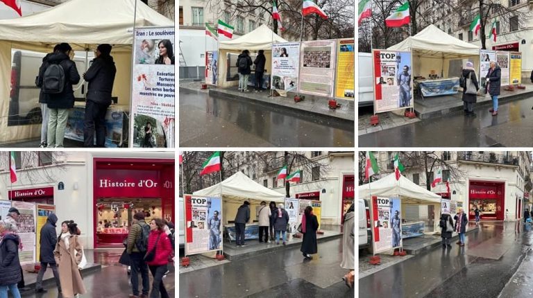 Paris, France—February 7, 2024: Freedom-loving Iranians and supporters of the People’s Mojahedin Organization of Iran (PMOI/MEK) organized an exhibition in solidarity with the Iranian Revolution.