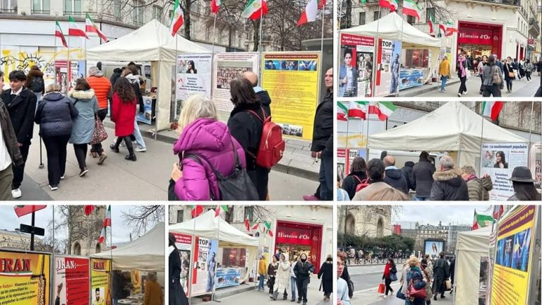 Paris, France—February 3, 2024: Freedom-loving Iranians and supporters of the People’s Mojahedin Organization of Iran (PMOI/MEK) organized an exhibition, demonstrating their solidarity with the Iranian Revolution.