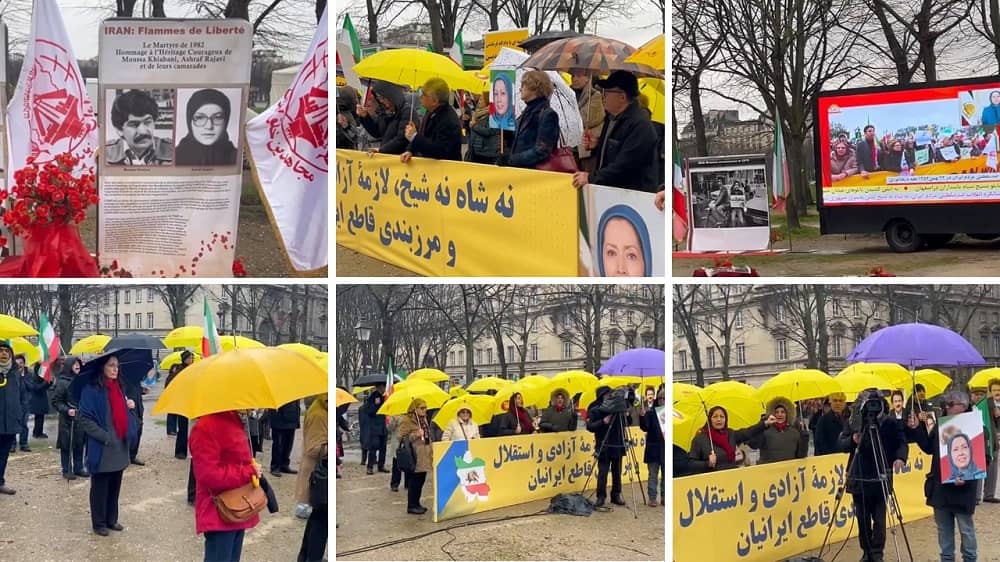 Paris, France—February 10, 2024: Freedom-loving Iranians and supporters of the People's Mojahedin Organization of Iran (PMOI/MEK) organized a rally to commemorate the anniversary of the 1979 Revolution. Supporters of the Iranian resistance pledged to fight to the end to overthrow the mullahs’ regime.
