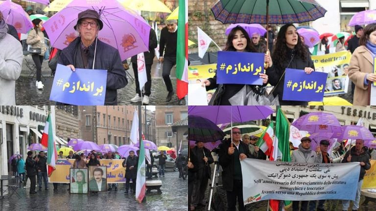 Rome, Italy—February 10, 2024: Freedom-loving Iranians and supporters of the People's Mojahedin Organization of Iran (PMOI/MEK) organized a rally to commemorate the anniversary of the 1979 Revolution. Supporters of the Iranian resistance pledged to fight to the end to overthrow the mullahs’ regime.