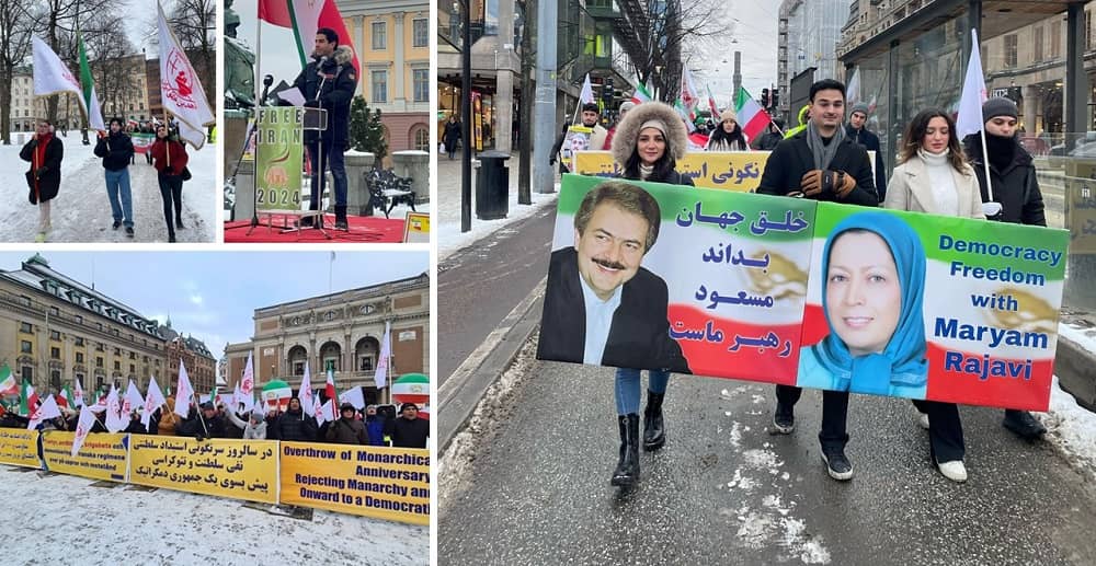 Stockholm, Sweden—February 10, 2024: Freedom-loving Iranians and supporters of the People's Mojahedin Organization of Iran (PMOI/MEK) organized a rally to commemorate the anniversary of the 1979 Revolution. Supporters of the Iranian resistance pledged to fight to the end to overthrow the mullahs’ regime.