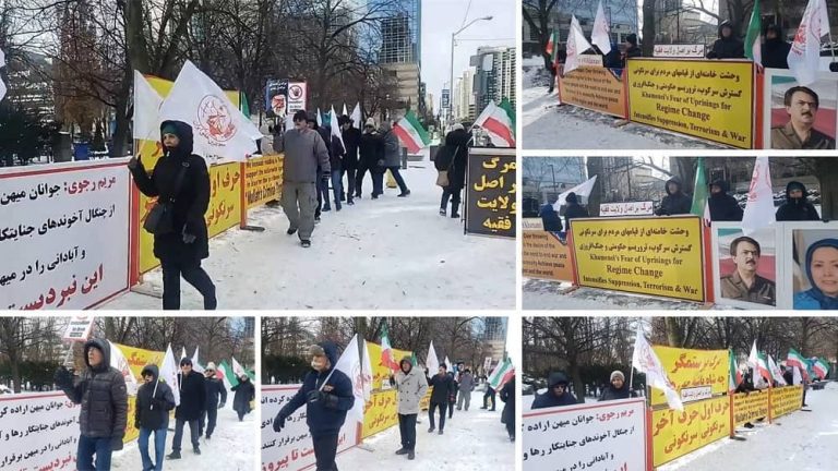 Toronto, Canada—February 17, 2024: Despite snowy and freezing weather, freedom-loving Iranians and supporters of the People’s Mojahedin Organization of Iran (PMOI/MEK) organized a rally to express solidarity with the Iranian Revolution.