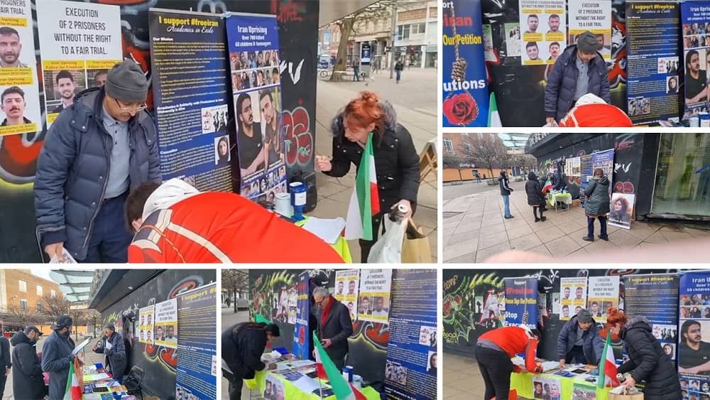 Bournemouth, England—February 3, 2024: Freedom-loving Iranians and supporters of the People’s Mojahedin Organization of Iran (PMOI/MEK) organized an exhibition and petition collection in support of the Iranian Revolution. Organizers and British citizens condemned the wave of executions in Iran by the mullahs' regime.