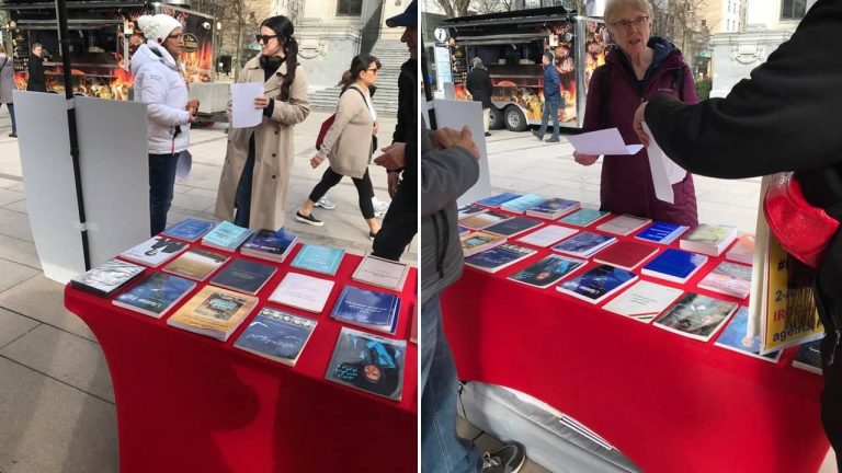 Vancouver, Canada—February 7, 2024: Freedom-loving Iranians and supporters of the People’s Mojahedin Organization of Iran (PMOI/MEK) organized an exhibition and info desk to express support for the Iranian Revolution. Iranians strongly condemned the wave of executions in Iran by the mullahs' regime.