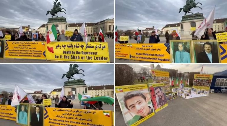 Vienna, Austria—February 10, 2024: Freedom-loving Iranians and supporters of the People's Mojahedin Organization of Iran (PMOI/MEK) organized a rally to commemorate the anniversary of the 1979 Revolution. Supporters of the Iranian resistance pledged to fight to the end to overthrow the mullahs’ regime.