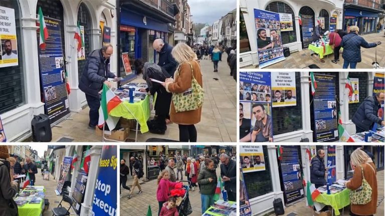 Winchester, England—February 16, 2024: Freedom-loving Iranians, and supporters of the People’s Mojahedin Organization of Iran (PMOI/MEK) organized a book exhibition, and petition collection in support of the Iranian Revolution and commemorating the anniversary of the 1979 anti-monarchical revolution.