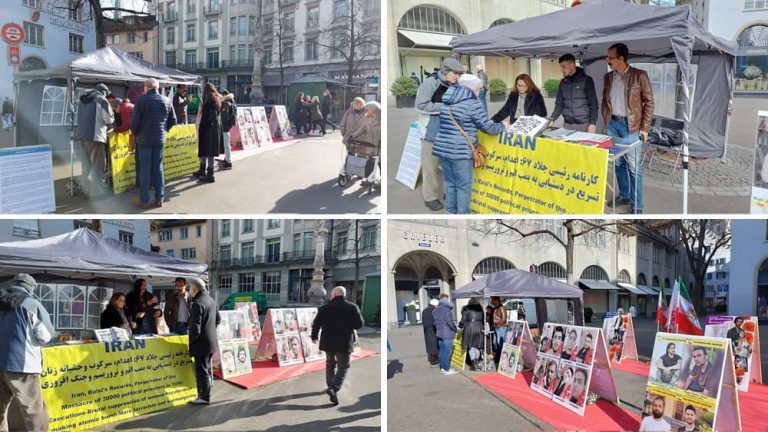 Zurich, Switzerland—February 5, 2024: Freedom-loving Iranians and supporters of the People’s Mojahedin Organization of Iran(PMOI/MEK) organized an exhibition to express support for the Iranian Revolution. Iranians strongly condemned the recent wave of brutal executions in Iran by the mullahs' regime.