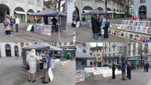 Zurich, Switzerland—February 19, 2024: Freedom-loving Iranians and supporters of the People’s Mojahedin Organization of Iran(PMOI/MEK) organized an exhibition to express support for the Iranian Revolution.