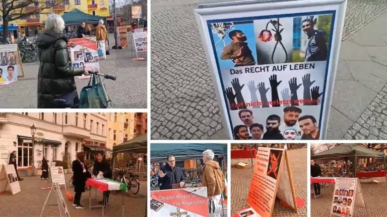 Berlin, Germany—March 3, 2024: Freedom-loving Iranians and supporters of the People’s Mojahedin Organization of Iran (PMOI/MEK) organized an exhibition to express solidarity with the Iranian Revolution. The exhibition also served as a stage for condemning the recent spike in severe executions in Iran.