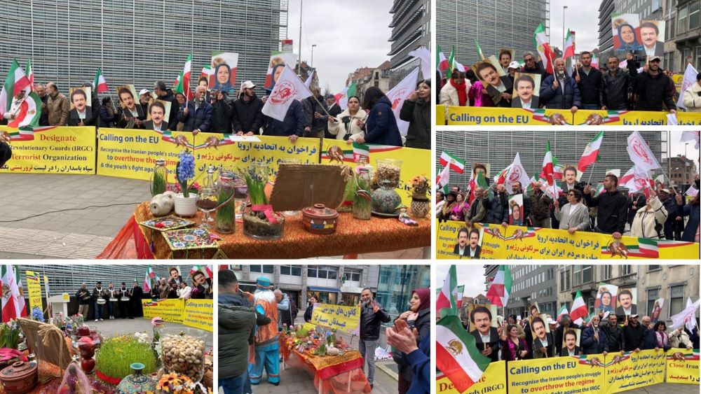 Brussels, Belgium—March 22, 2024: Iranian Resistance (NCRI and MEK) supporters rallied during the EU summit, demanding the designation of Iran's regime IRGC as a terrorist organization. They also celebrated Nowruz, supporting Iran regime change and expressed their solidarity with the Iranian Revolution.