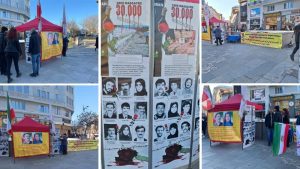 Bucharest, Romania—March 23, 2024: Freedom-Loving Iranians and supporters of the People’s Mojahedin Organization of Iran (PMOI/MEK) organized an exhibition to support the Iranian Revolution. Additionally, they condemned the wave of brutal executions in Iran.