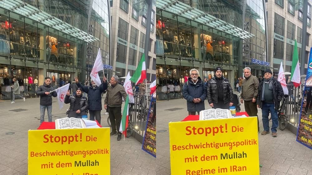 Hamburg, Germany—March 9, 2024: Freedom-loving Iranians and supporters of the People’s Mojahedin Organization of Iran (PMOI/MEK) gathered to express their solidarity with the Iranian Revolution.