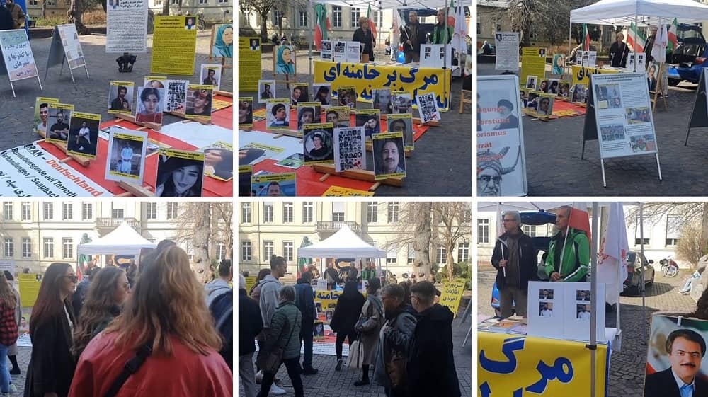 Heidelberg, Germany—March 9, 2024: Freedom-loving Iranians and supporters of the People’s Mojahedin Organization of Iran (PMOI/MEK) organized an exhibition to express solidarity with the Iranian Revolution.