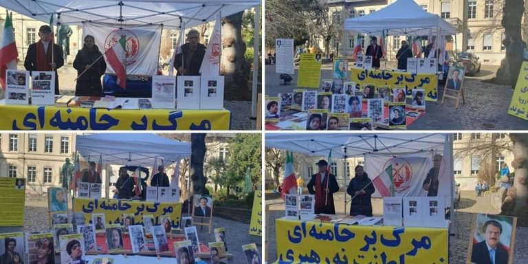 Heidelberg, Germany—March 2, 2024: Freedom-loving Iranians and supporters of the People’s Mojahedin Organization of Iran (PMOI/MEK) organized an exhibition to express solidarity with the Iranian Revolution.