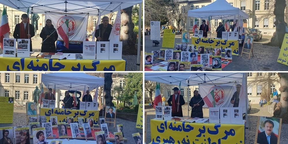 Heidelberg, Germany—March 2, 2024: Freedom-loving Iranians and supporters of the People’s Mojahedin Organization of Iran (PMOI/MEK) organized an exhibition to express solidarity with the Iranian Revolution.