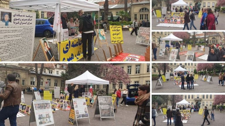 Heidelberg, Germany—March 29, 2024: Freedom-loving Iranians and supporters of the People’s Mojahedin Organization of Iran (PMOI/MEK) organized an exhibition to express solidarity with the Iranian Revolution.