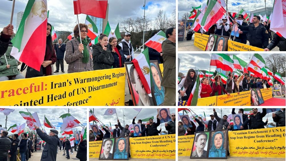 Geneva, Switzerland—March 18, 2024: Freedom-loving Iranians and supporters of the Iranian Resistance held a rally outside the UN headquarters, coinciding with the presentation of a report by the UN Independent Fact-Finding Mission on Human Rights Violations during the September 2022 uprising in Iran.