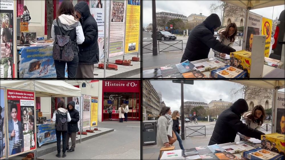 Paris, France—March 15, 2024: Freedom-loving Iranians and supporters of the People’s Mojahedin Organization of Iran (PMOI/MEK) organized an exhibition in solidarity with the Iranian Revolution.