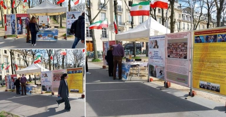 Paris, France—March 23, 2024: Freedom-loving Iranians and supporters of the People’s Mojahedin Organization of Iran (PMOI/MEK) organized an exhibition and book table in solidarity with the Iranian Revolution.