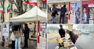 Paris, France—March 26, 2024: Freedom-loving Iranians and supporters of the People’s Mojahedin Organization of Iran (PMOI/MEK) organized an exhibition and book table in solidarity with the Iranian Revolution.