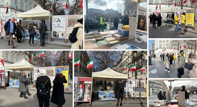 Paris, France—March 7-8, 2024: Freedom-loving Iranians and supporters of the People’s Mojahedin Organization of Iran (PMOI/MEK) organized an exhibition in solidarity with the Iranian Revolution.