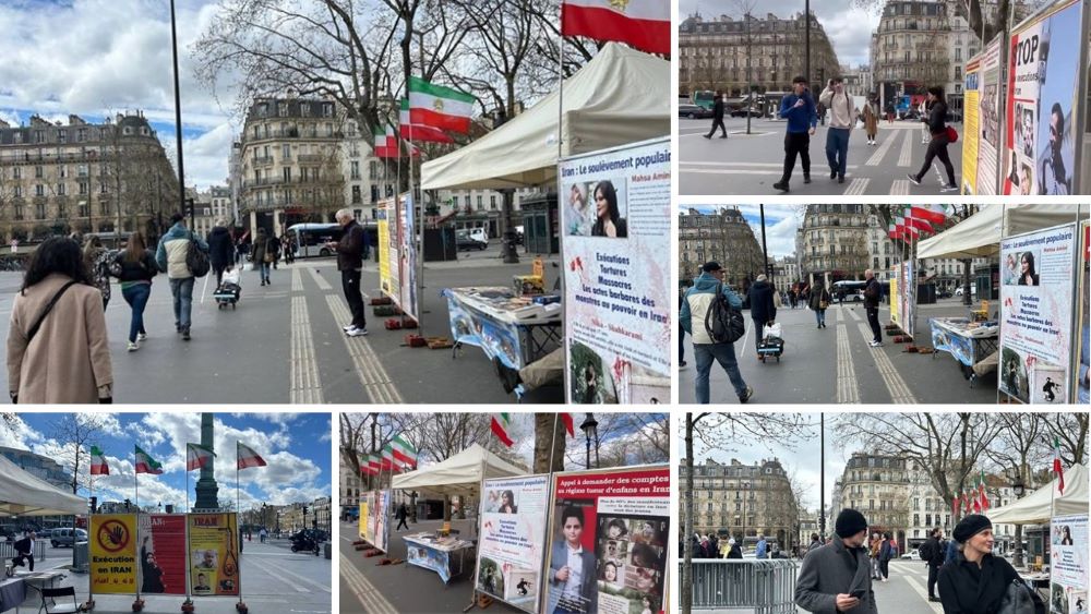 Paris, France—March 27, 2024: Freedom-loving Iranians and supporters of the People’s Mojahedin Organization of Iran (PMOI/MEK) organized an exhibition and book table in solidarity with the Iranian Revolution.