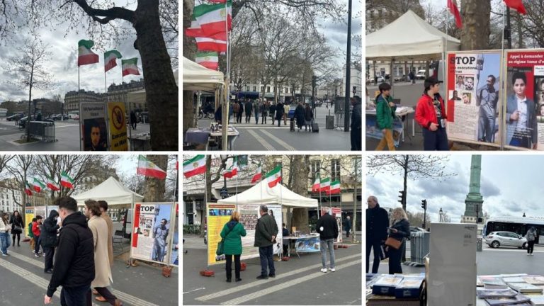 Paris, France—March 29, 2024: Freedom-loving Iranians and supporters of the People’s Mojahedin Organization of Iran (PMOI/MEK) organized an exhibition and book table in solidarity with the Iranian Revolution.