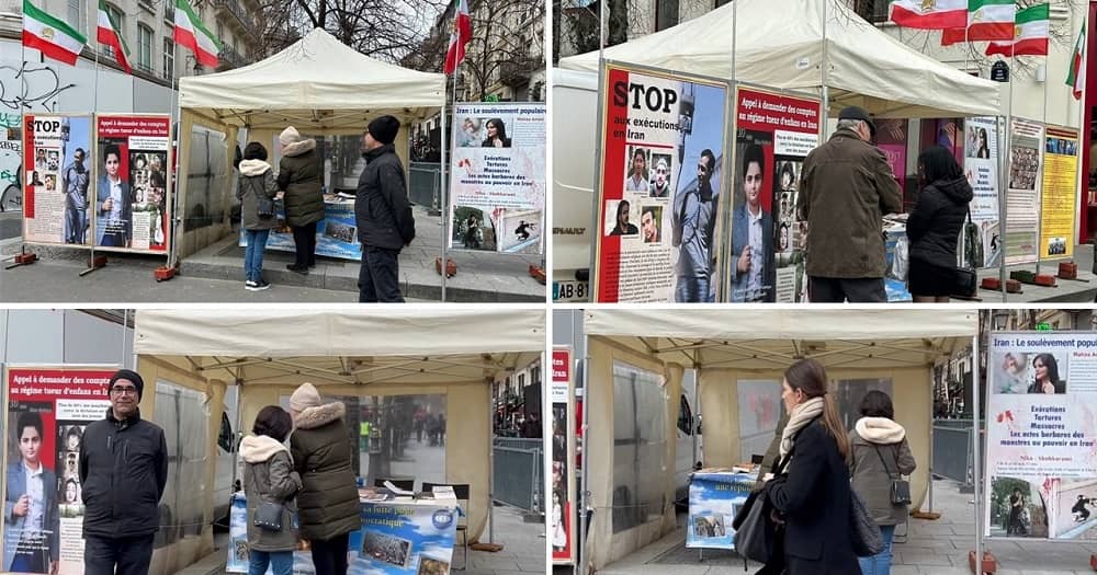 Paris, France—March 5, 2024: Freedom-loving Iranians and supporters of the People’s Mojahedin Organization of Iran (PMOI/MEK) organized an exhibition in solidarity with the Iranian Revolution.