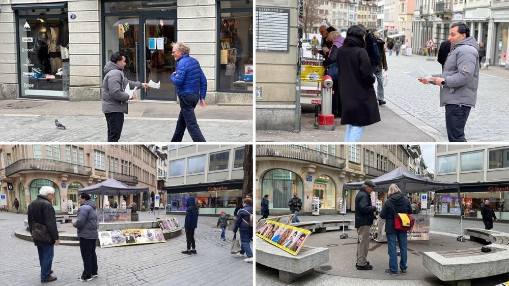 St. Gallen, Switzerland — March 28, 2024: Freedom-loving Iranians and supporters of the People’s Mojahedin Organization of Iran (PMOI/MEK) organized an exhibition in solidarity with the Iranian Revolution. This exhibition served as a tribute to the martyrs of the nationwide Iranian uprising.