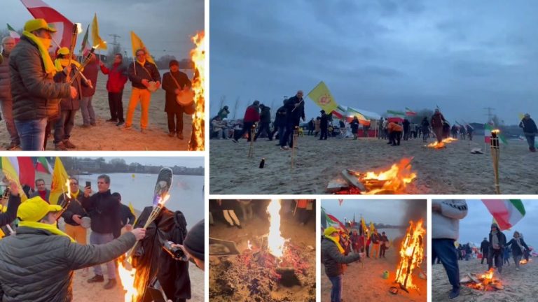 The Netherlands—March 22, 2024: Freedom-loving Iranians and supporters of the People’s Mojahedin Organization of Iran(PMOI/MEK) gathered to express their solidarity with the brave young men and women of Iran in the Charshanbe Suri uprising across the cities of Iran.
