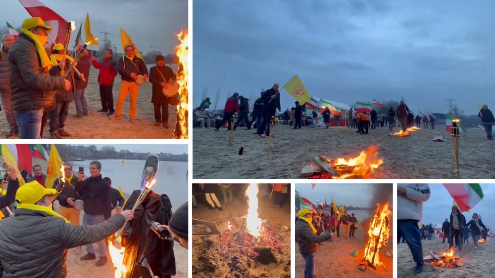 The Netherlands—March 22, 2024: Freedom-loving Iranians and supporters of the People’s Mojahedin Organization of Iran(PMOI/MEK) gathered to express their solidarity with the brave young men and women of Iran in the Charshanbe Suri uprising across the cities of Iran.